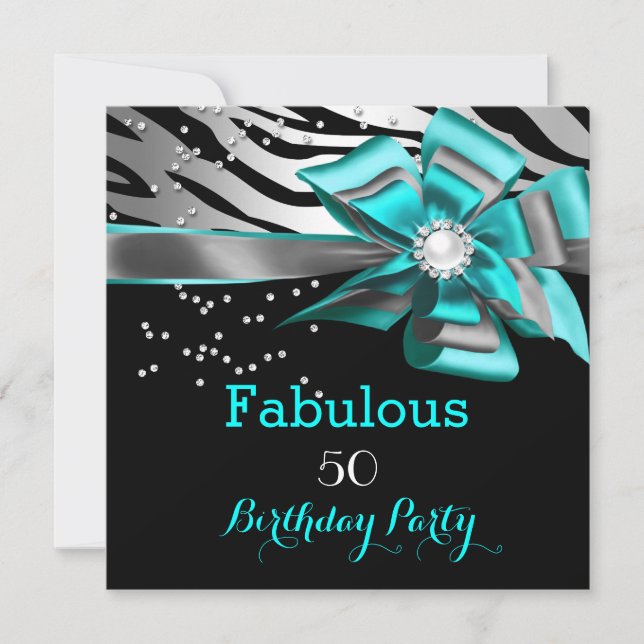 Invitation Fête des 50 ans Fabuleuse Zèbre Turquoise Perle No (Devant)