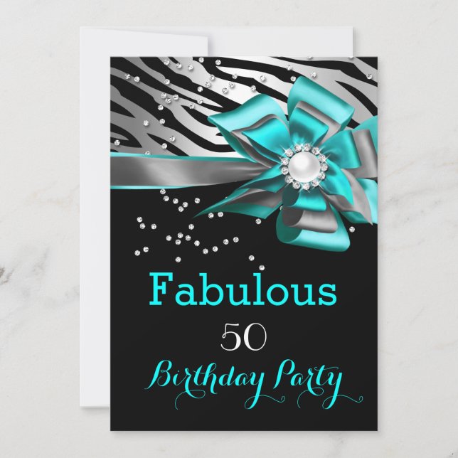 Invitation Fête des 50 ans Fabuleuse Zèbre Turquoise Perle No (Devant)