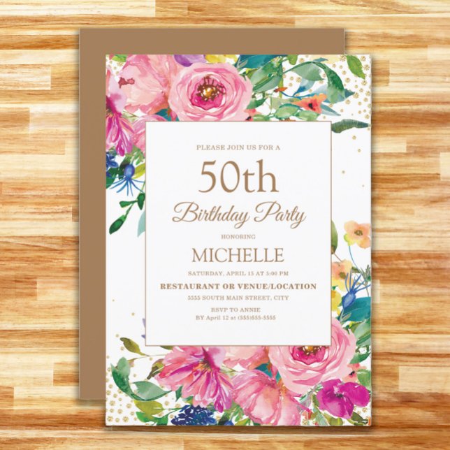 Invitation Fête des 50 ans Fleurs Rose Jaune Paillettes Dorée (Pink, yellow, and blue floral 50th birthday party invitation for women.)