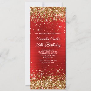 Invitation Fête des 50 ans paillettes or et foil rouge