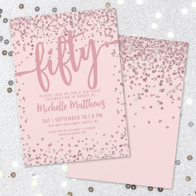 Invitation Fête des 50 ans Paillettes Rose Fardé (Blush Pink Glitter 50th Birthday Invitation)