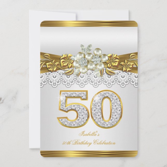 Invitation Fête des 50 ans White Pearl Gold Lace Floral (Devant)