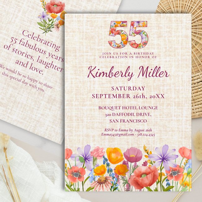 Invitation Fête des 55 ans de Wildflower - Fleur florale (Créateur téléchargé)