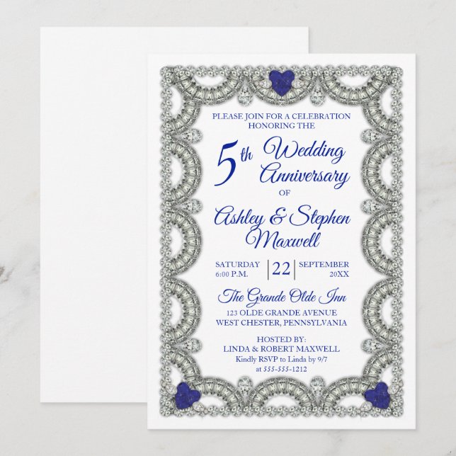 Invitation Fête des 5 ans de mariage Saphir Diamant (Devant / Derrière)
