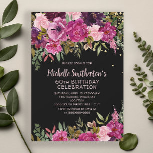 Invitation Fête des 60 ans Black Pink Purple Floral Glitter
