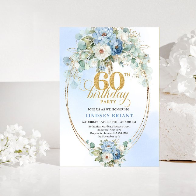 Invitation Fête des 60 ans bleu clair pivoine eucalyptus or (Light blue peony eucalyptus gold 60th birthday invitation

)