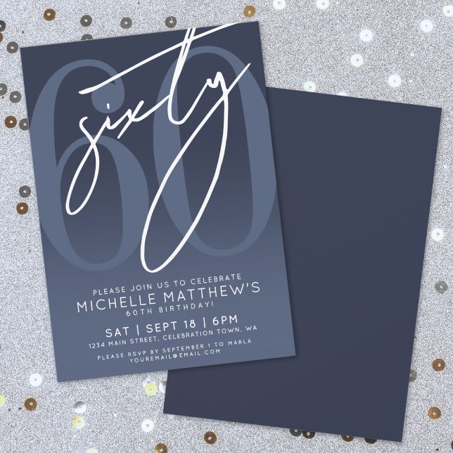 Invitation Fête des 60 ans Bleu Marine (Navy Blue 60th Birthday Party Invitation)