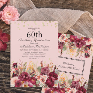 Invitation Fête des 60 ans Burgundy Fleur Rose Paillettes Dor