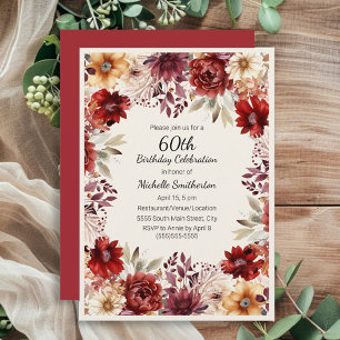 Invitation Fête des 60 ans couleur crème et burgundy aquarell