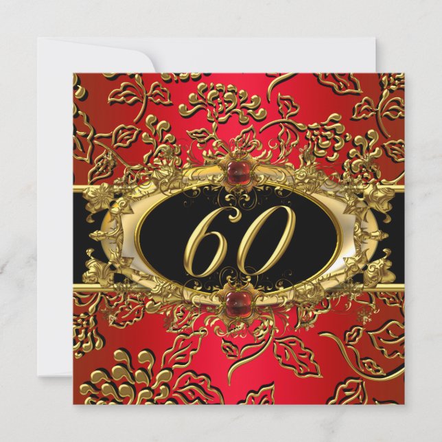 Invitation Fête des 60 ans Damassé Rouge Or Noir (Devant)