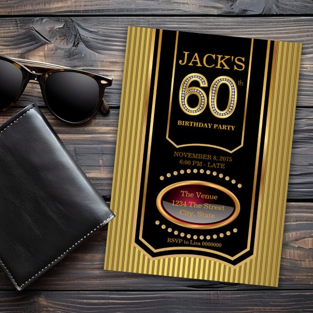 Invitation Fête des 60 ans de l'homme en noir et or (Mans black gold 60th birthday invitation. Message us if you need a different number for your event.)