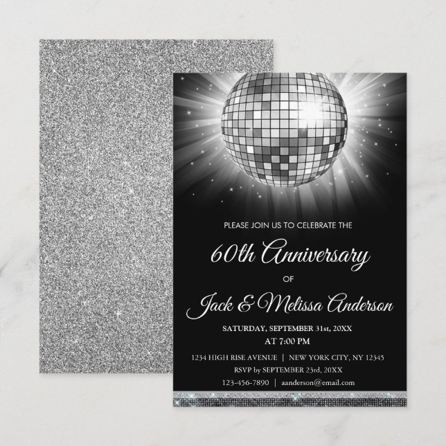 Invitation Fête des 60 ans de mariage Boule à facettes argent (Devant / Derrière)