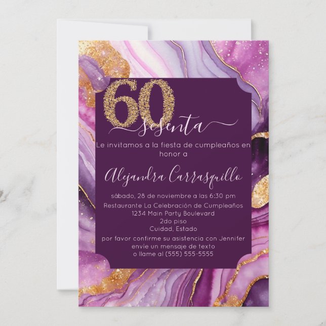 Invitation Fête des 60 ans en Agate Rose Moderne Espagnole (Devant)