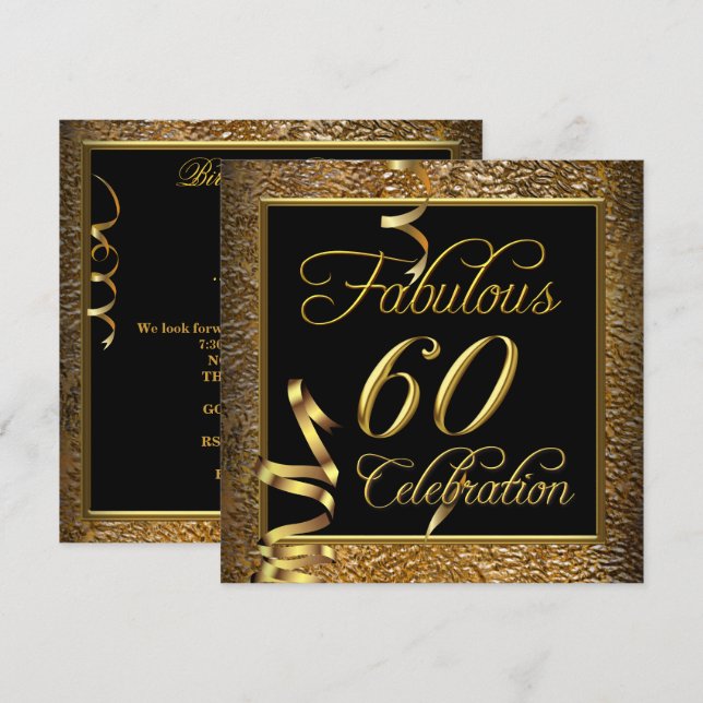 Invitation Fête des 60 ans Fabulueuse Or Noir (Devant / Derrière)