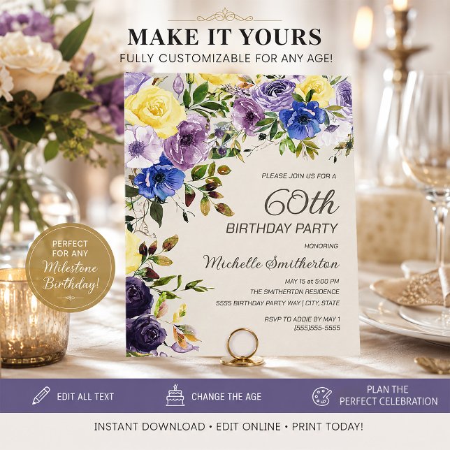 Invitation Fête des 60 ans Fleurie Aquarelle Jaune (Purple and yellow watercolor floral 60th birthday party invitation)