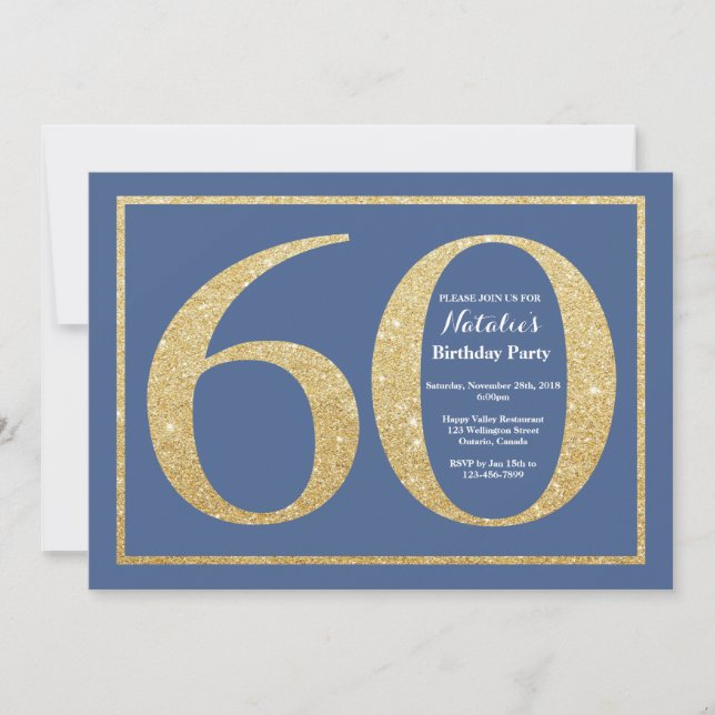 Invitation Fête des 60 ans paillettes bleues et or (Devant)