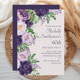 Invitation Fête des 60 ans Paillettes Floral Violet