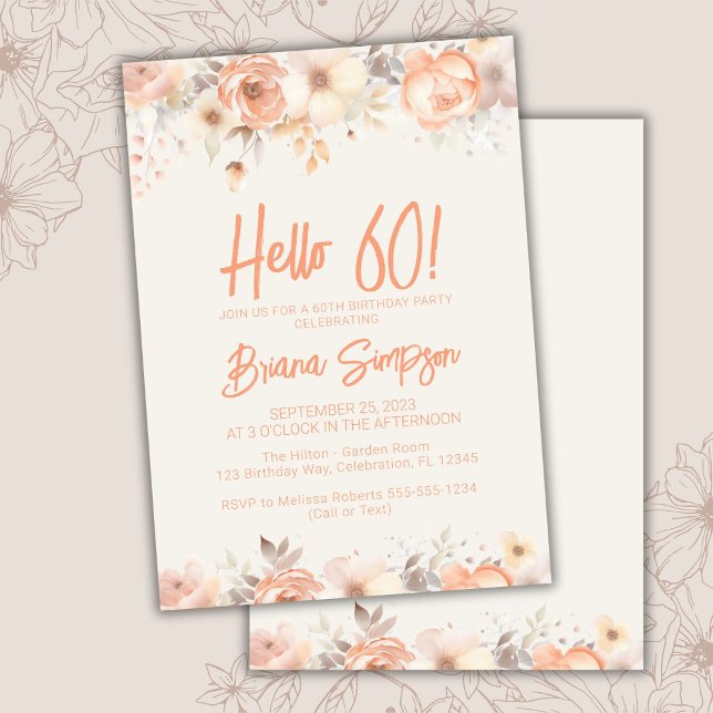 Invitation Fête des 60 ans Peach Beige Fleurs Ivoire (Créateur téléchargé)