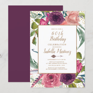 Invitation Fête des 60 ans Purple Pink Bohème Plume Floral Or