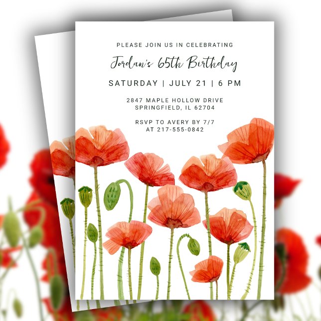 Invitation Fête des 65 ans Coquelicots Aquarelle Élégant (Effortless elegance for her milestone moment. Edit for Any Age.)