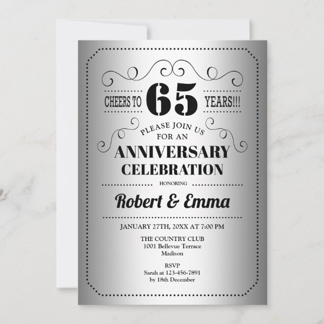 Invitation Fête des 65 ans de mariage - Argent Noir (Devant)