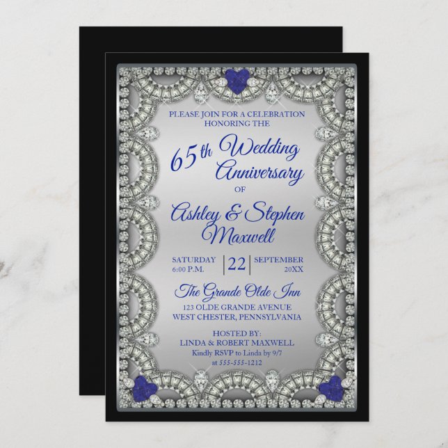Invitation Fête des 65 ans de mariage : Diamant Spinelle Bleu (Devant / Derrière)