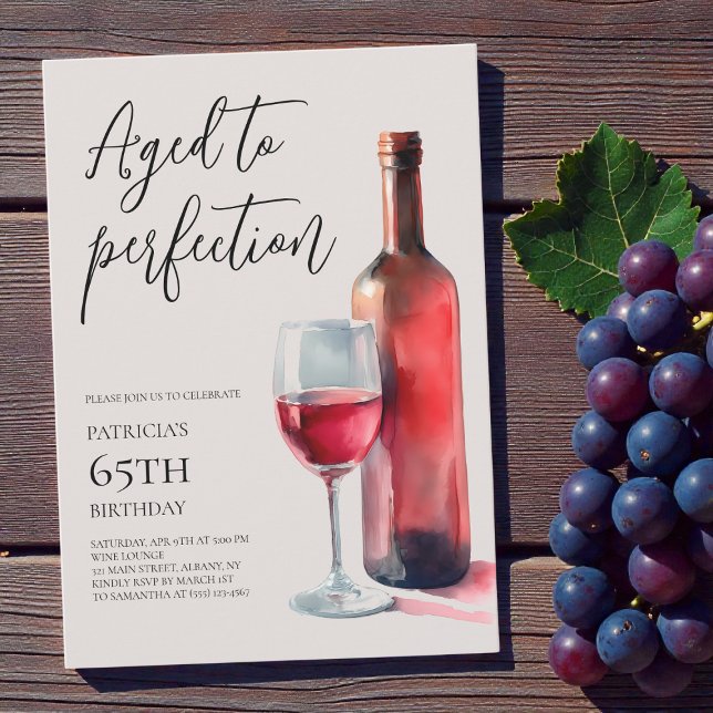 Invitation Fête des 65 ans de naissance avec du vin rouge vie (Aged to Perfection Red Wine 65th Birthday Party Invitation)