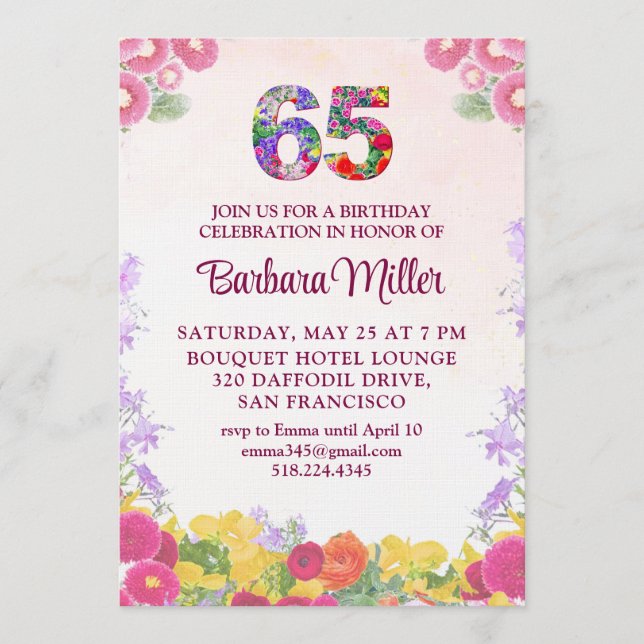 Invitation Fête des 65 ans - Floral Blush Bloom 65 (Devant)