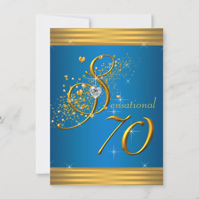 Invitation Fête des 70 ans Aqua Bleu et Or (Devant)