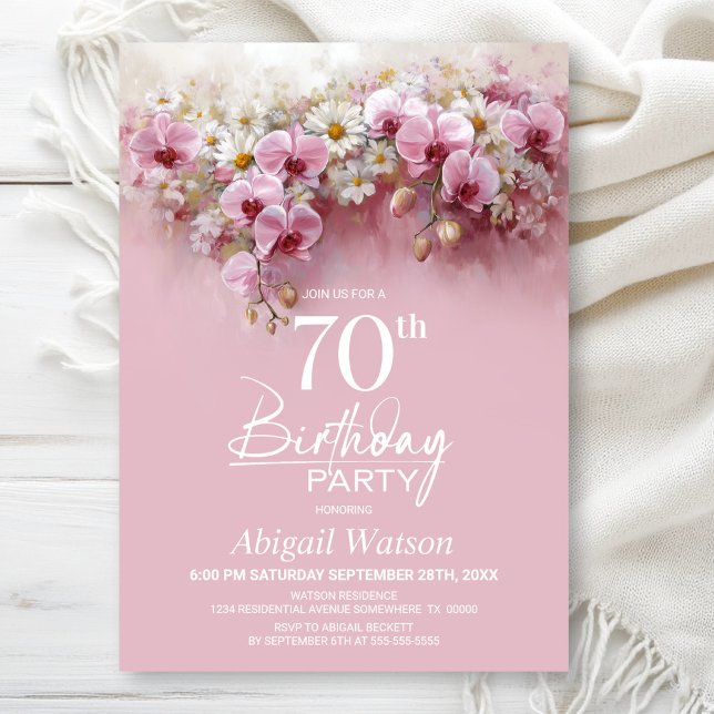 Invitation Fête des 70 ans aux fleurs d'orchidée rose (Créateur téléchargé)