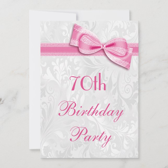 Invitation Fête des 70 ans damassé et faux nœud rose (Devant)