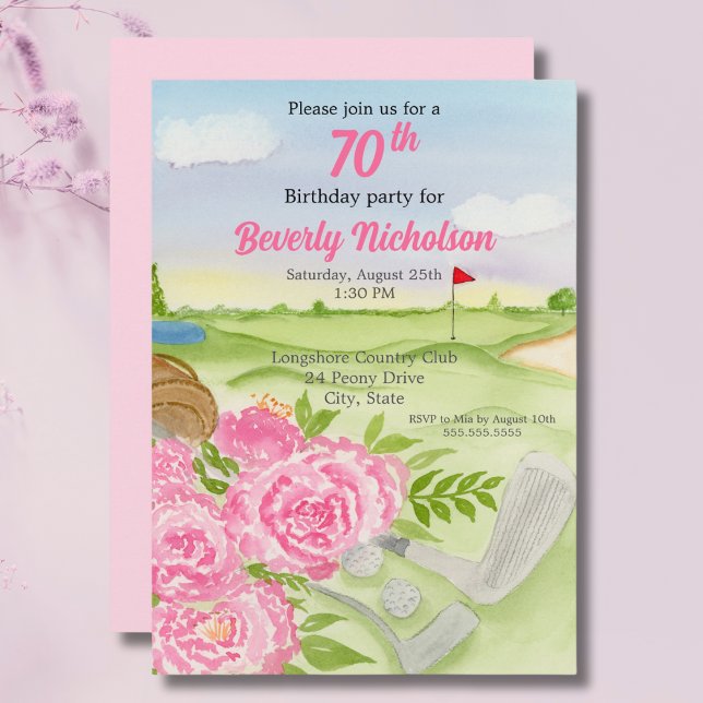 Invitation Fête des 70 ans de golf - Pivoines sur terrain de  (Créateur téléchargé)