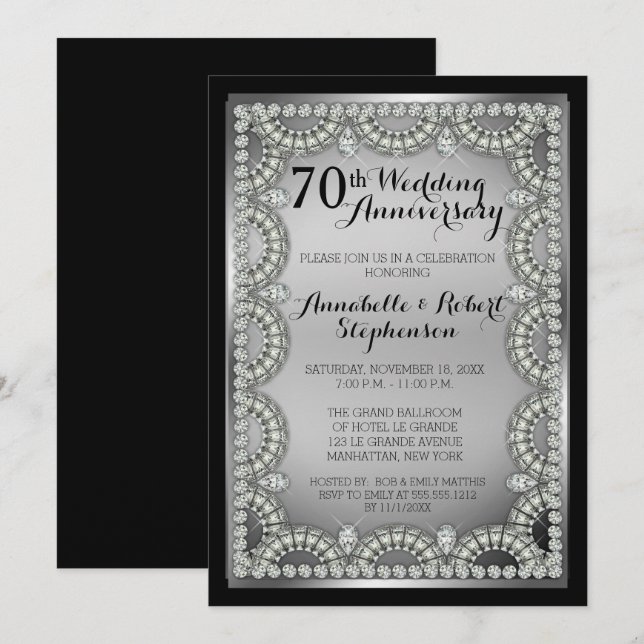 Invitation Fête des 70 ans de mariage d'Argent et de Diamant (Devant / Derrière)