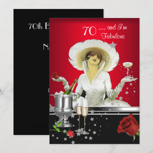 Invitation Fête des 70 ans Diva Rétro Art Déco Rouge Argent