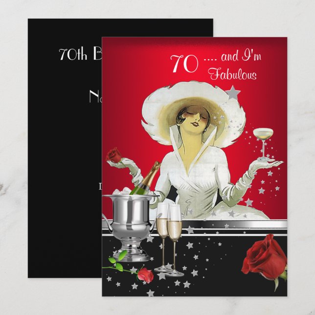 Invitation Fête des 70 ans Diva Rétro Art Déco Rouge Argent (Devant / Derrière)