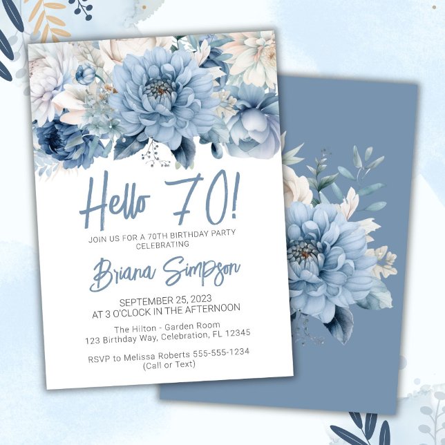 Invitation Fête des 70 ans Dusty Blue Floral (Créateur téléchargé)