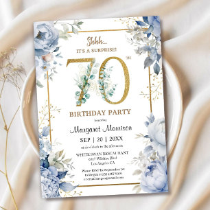 Invitation Fête des 70 ans Élégante Fleurs Bleu Poussiéreux