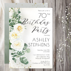 Invitation Fête des 70 ans Elégante Rose Blanche Eucalyptus
