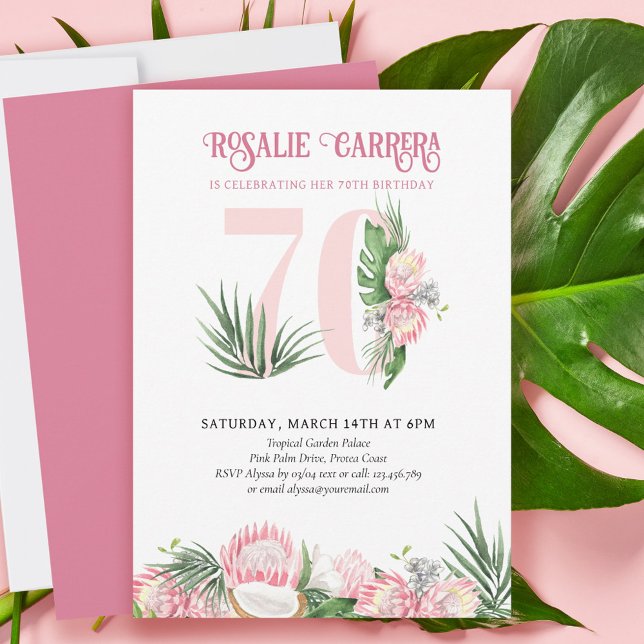 Invitation Fête des 70 ans Fleur de Protéa Rose Tropicale Num (Créateur téléchargé)