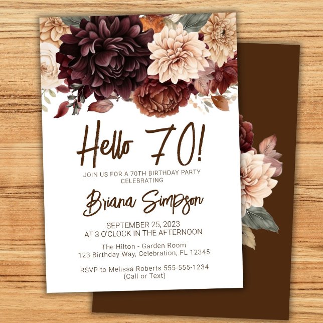Invitation Fête des 70 ans Fleurs Brun Beige Floral (Créateur téléchargé)