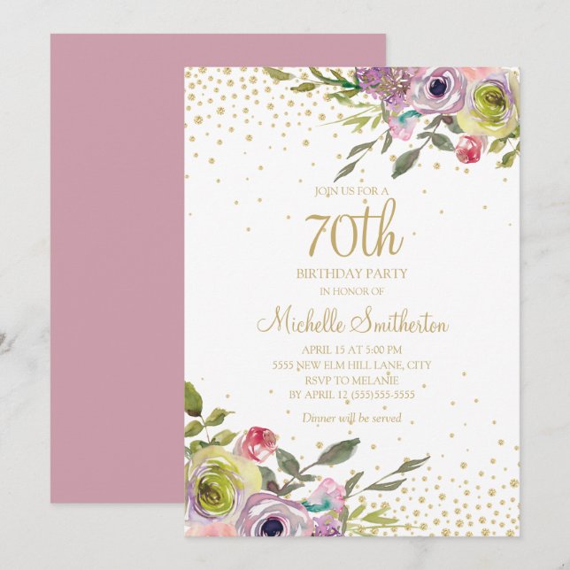Invitation Fête des 70 ans Fleurs rose jaune Paillettes dorée (Devant / Derrière)