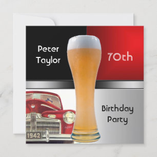Invitation Fête des 70 ans Homme Voiture Rouge Retro Bière