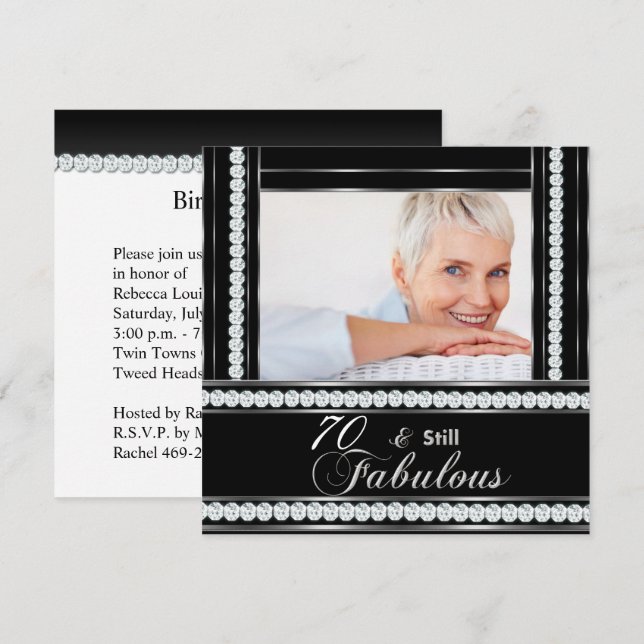 Invitation Fête des 70 ans Noir Blanc Argent Diamant (Devant / Derrière)