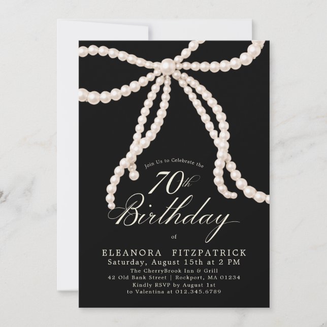 Invitation Fête des 70 ans Noir Blanc Coquette Nœud Perle (Devant)