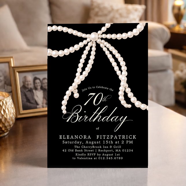 Invitation Fête des 70 ans Noir Blanc Coquette Nœud Perle (Créateur téléchargé)
