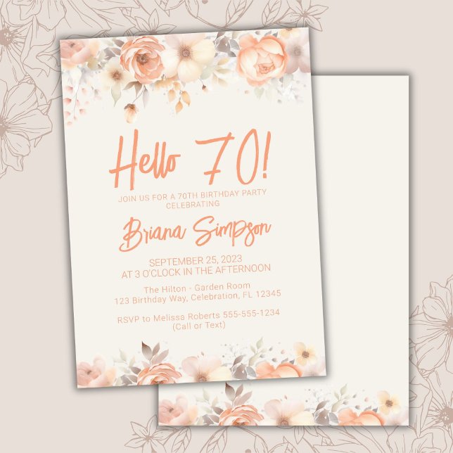 Invitation Fête des 70 ans Peach Beige Fleurs Ivoire (Créateur téléchargé)