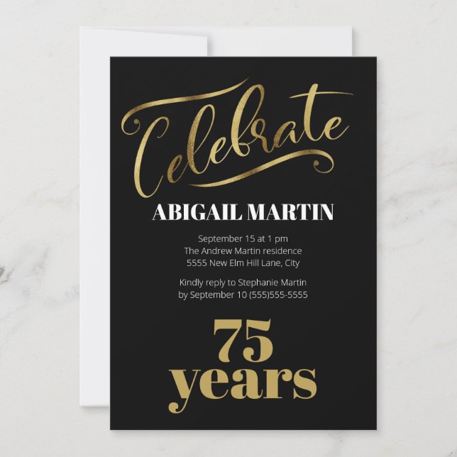 Invitation Fête des 75 ans Black Gold White (Devant)