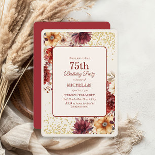 Invitation Fête des 75 ans Burgundy Cream Floral Gold Glitter