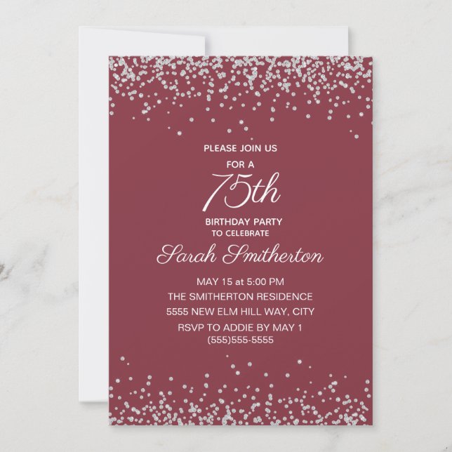 Invitation Fête des 75 ans Burgundy Silver Diamond Glitter (Devant)