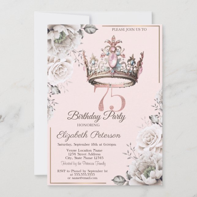 Invitation Fête des 75 ans de la Princesse Crown Floral (Devant)